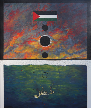 an acrylic painting. the top half has a Palestinian flag with 3 solid black circles lined up vertically beneath it, the middle circle larger than the other two and with shaky white outlines, against red, orange, and yellow flames and gray smoke with a black border. the bottom half has an animal skeleton and olives floating in a green and blue ocean reflecting the flames with a white border. the top part of the white border that meets the black border is textured with paint chips to look like building debris