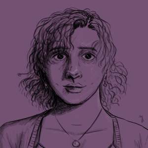 black pencil sketch on lavendar background of a woman with a round face and short curly hair in a cardigan with simple earrings and a necklace